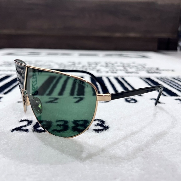 Prada 0PR 69ZS Gold Frame Green Lenses Logo Shield Wrap Mask Runway Sunglasses - Picture 7 of 15